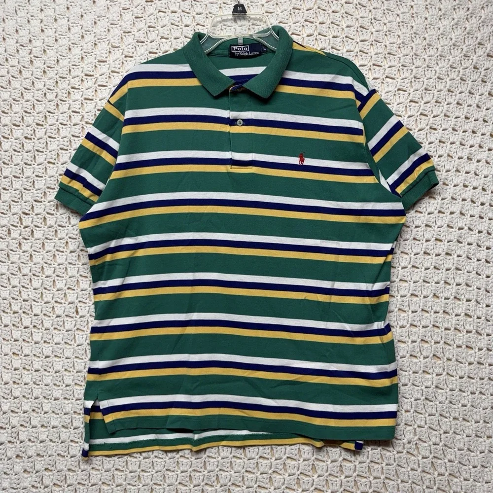 Polo Ralph Lauren Shirt Men L Green Blue White Stripe Red Pony Polo Vtg USA Made
